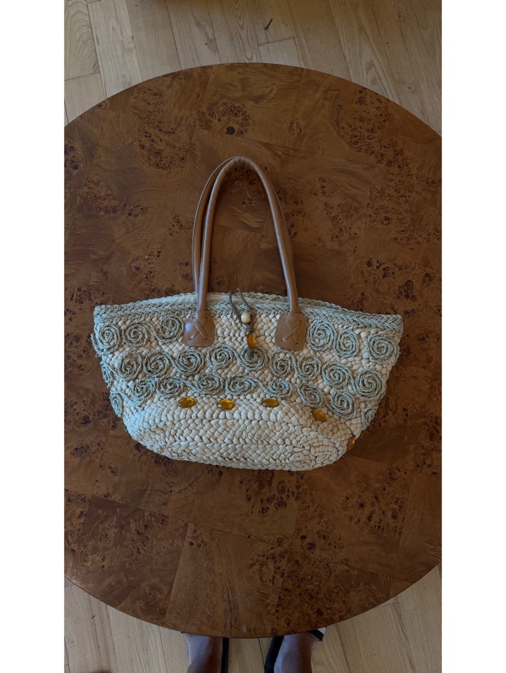 Alma Tonutti Handwoven Straw Tote Bag with Leather and Amber Bead Accents